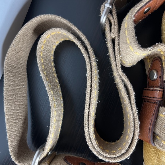 Fossil Yellow Canvas Crossbody Messenger Bag Leather Trim Buckle Flap Organizer - Picture 7 of 14
